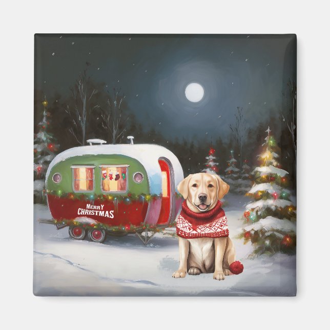 Aimant Aventure de Noël de la caravane du Labrador hivern (Devant)
