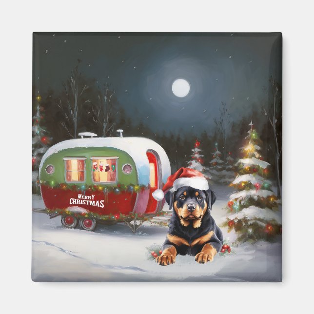 Aimant Aventure de Noël de la caravane Rottweiler d'hiver (Devant)