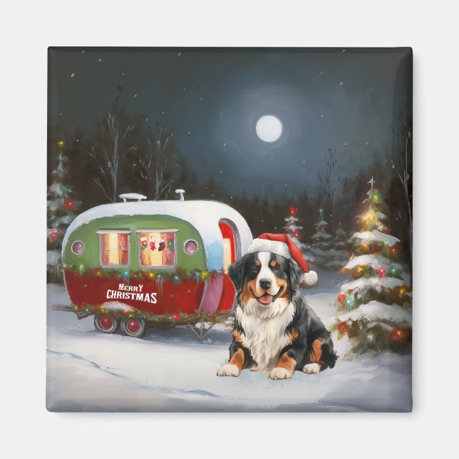 Aimant Aventure de Noël en caravane avec un bouvier berno (Devant)