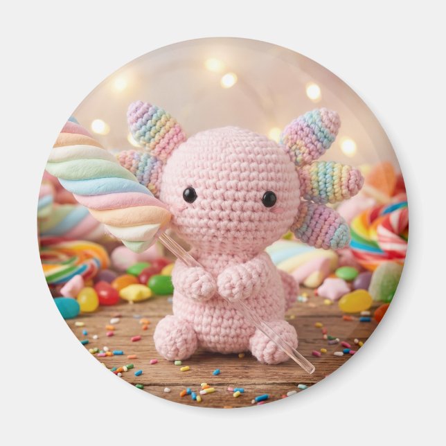 Aimant Axolotl Rose Crocheté Bonbon Pastel  (Devant)