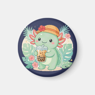 Aimant Axolotl vert kawaii mignon buvant du thé aux perle