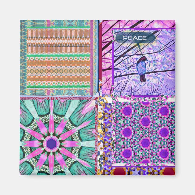 Aimant Azulejos Carreaux géométriques avec Oiseau de Paix (Devant)