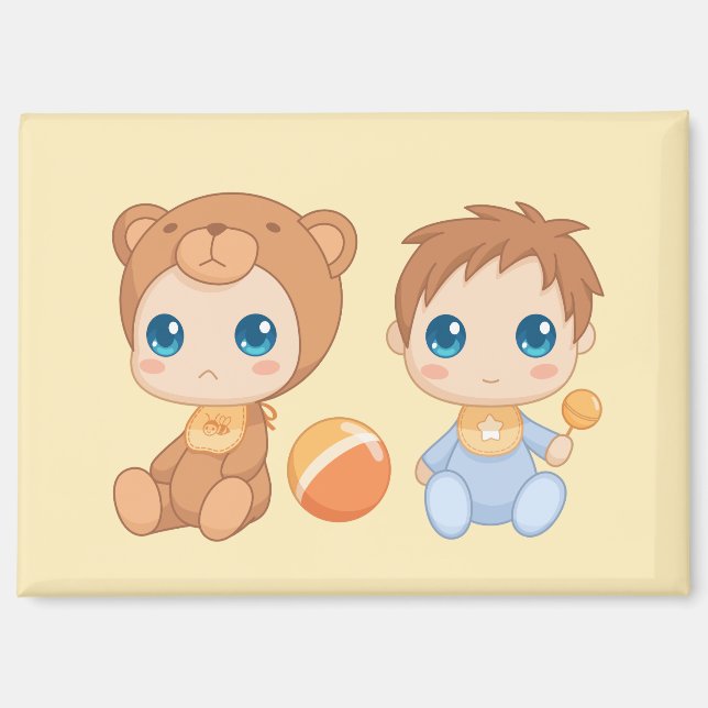 Aimant Baby Boy Twins Bear Jumpsuit on Yellow (Recto)