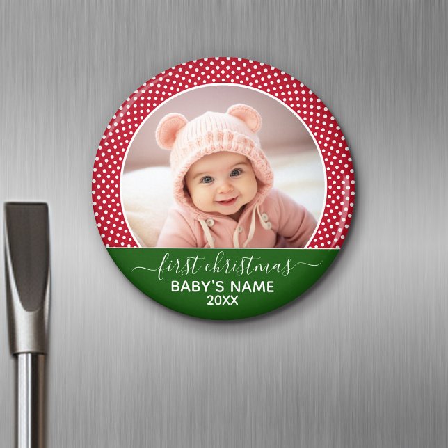 Aimant Baby First Christmas - Pois rouges (Personalized Fridge Magnet - Add Custom Text)