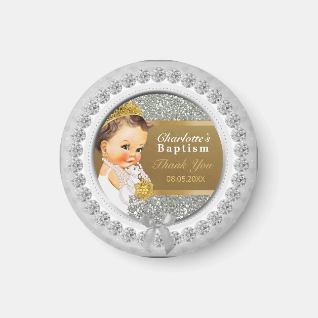 Aimant Baby Girl Baptism Merci Keepsaké | Gold Silver (Devant)