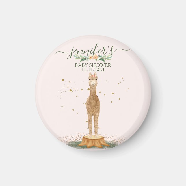 Aimant Baby Shower Alpaca Aquarelle Rose (Devant)