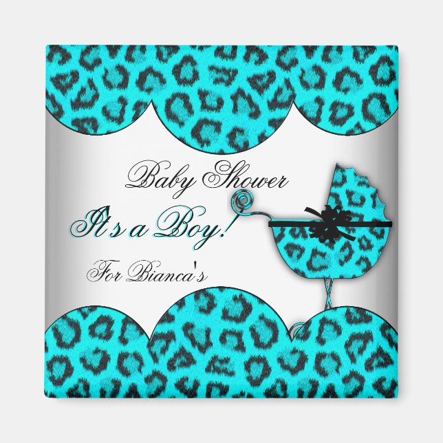Aimant Baby Shower Bébé Garçon Léopard Bleu Poussette (Devant)