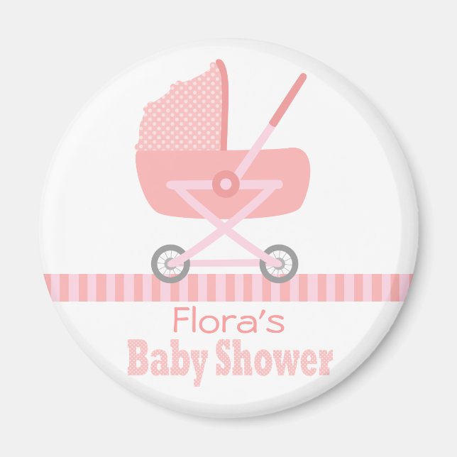 Aimant Baby shower : Belle poussette rose / pram (Devant)