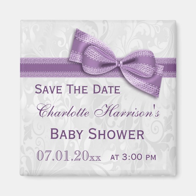 Aimant Baby shower Blanc Damas & Faux Bow Enregistrer La  (Devant)