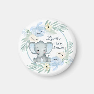 Aimant Baby shower bleu floral Eléphant