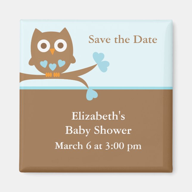 Aimant Baby shower Chouette bleue Enregistrer la date (Devant)