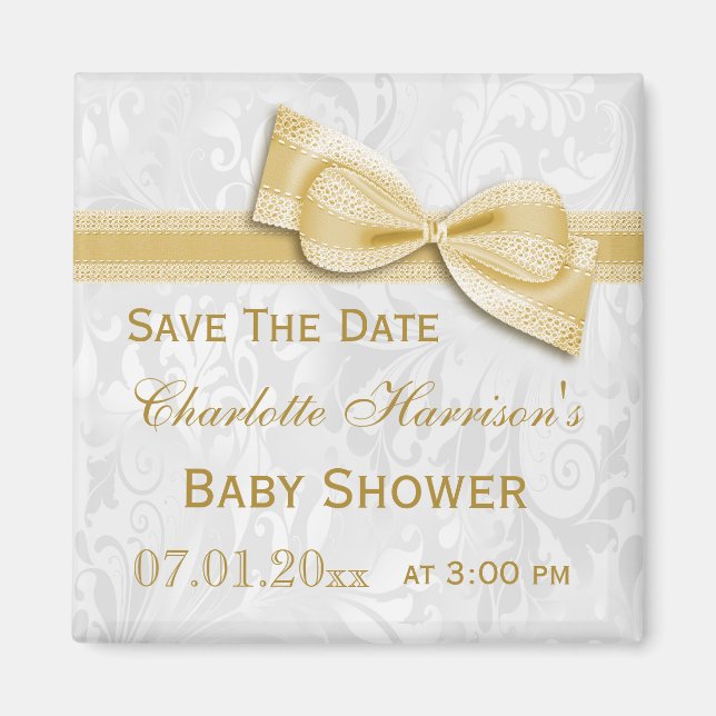 Aimant Baby shower Damas Blanches & Bow Or Enregistrer La (Devant)