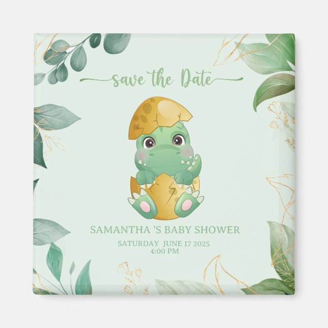 Aimant Baby Shower Garçons Dinosaures Verts Mignons (Devant)