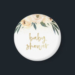 Aimant Baby shower Gold Script Blush Rose Floral<br><div class="desc">Cet aimant est composé de "baby shower" dans une police de script moderne encadrée par trois fleurs rose vif et des confettis dorés.</div>