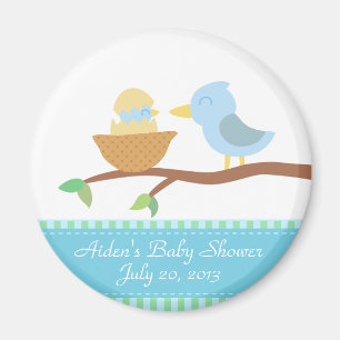 Aimant Baby Shower : Joli oiseau bleu avec bébé nouvellem