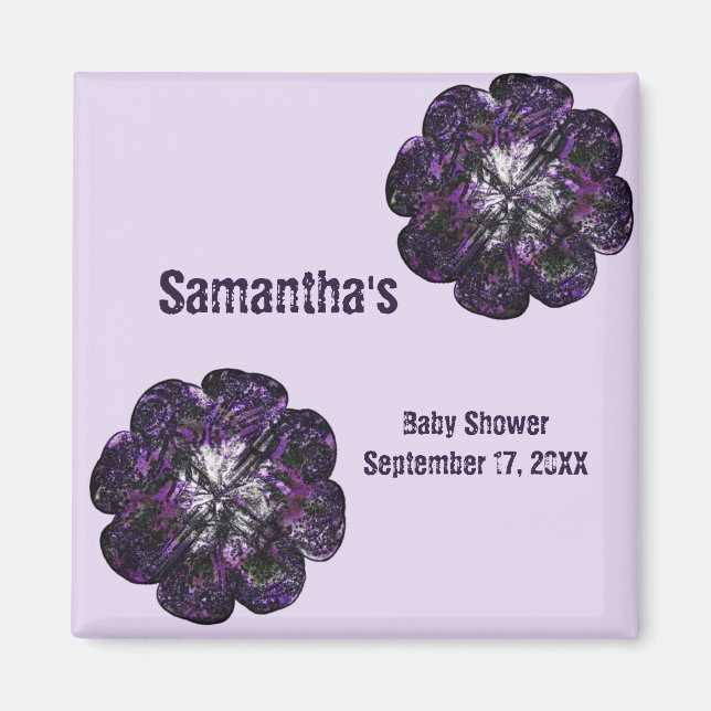 Aimant Baby shower Keepsaké Fleurs pourpres Bébé Fille (Devant)