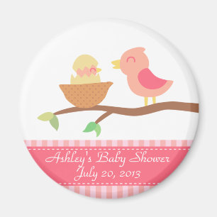 Aimant Baby Shower : Oiseau rose mignon avec bébé qui vie