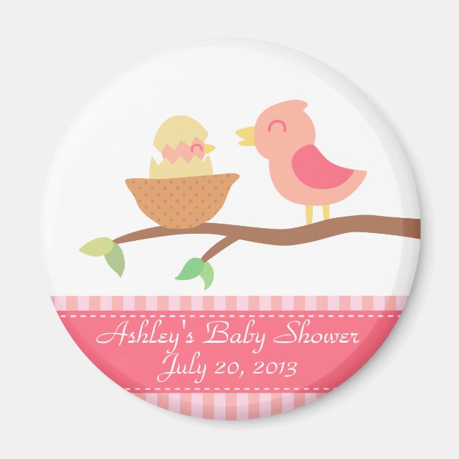 Aimant Baby Shower : Oiseau rose mignon avec bébé qui vie (Devant)