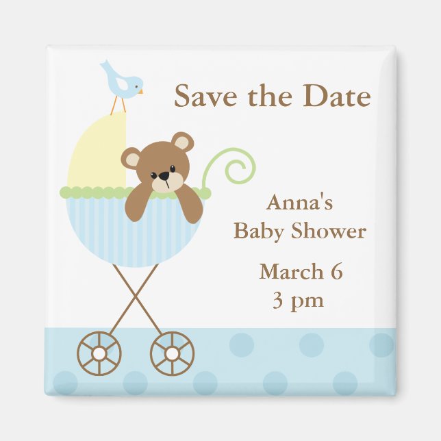 Aimant Baby shower Ours Bleu Enregistrer la date (Devant)