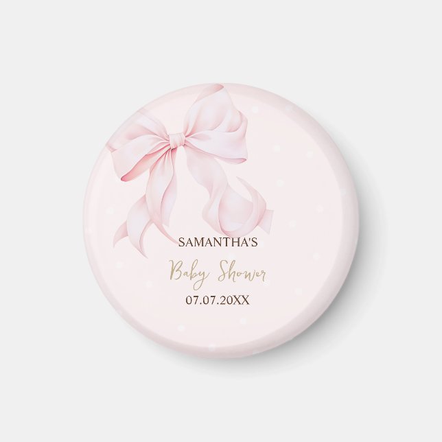 Aimant Baby Shower Rose Aquarelle Ruban Rose à Points (Devant)