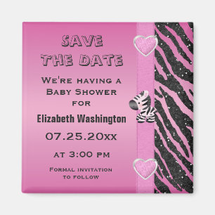 Aimant Baby shower Zebra & Hearts Enregistrer la date