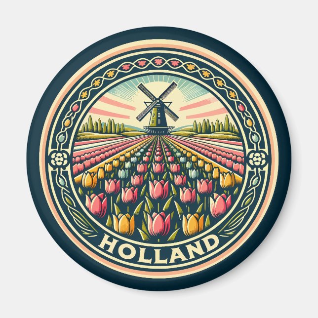 Aimant Badge d'art de voyage Holland Pays-Bas (Devant)