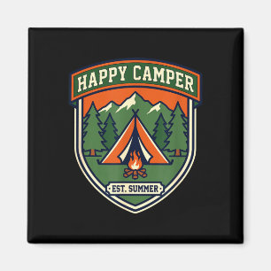 Aimant Badge de campeur heureux tente montagne feu de cam