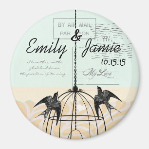 Aimant Badge de mariage d'oiseaux d'amour en cage à oisea