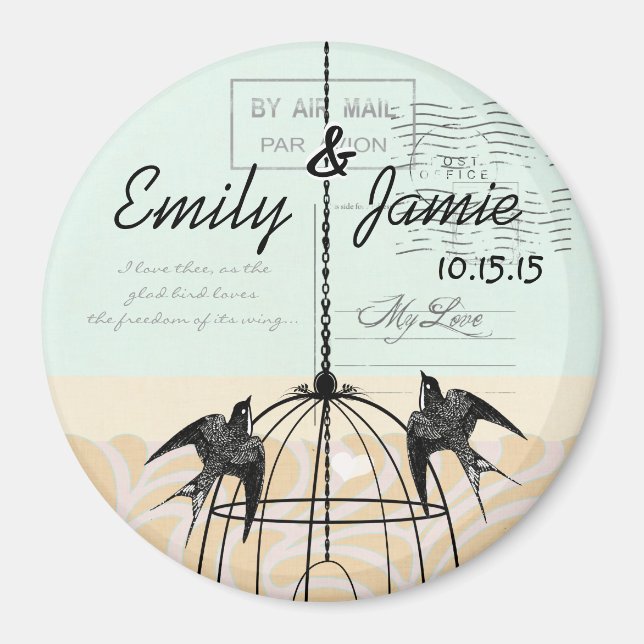 Aimant Badge de mariage d'oiseaux d'amour en cage à oisea (Devant)