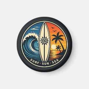Aimant Badge Vintage Surf Soleil Mer – Planche de Surf Co