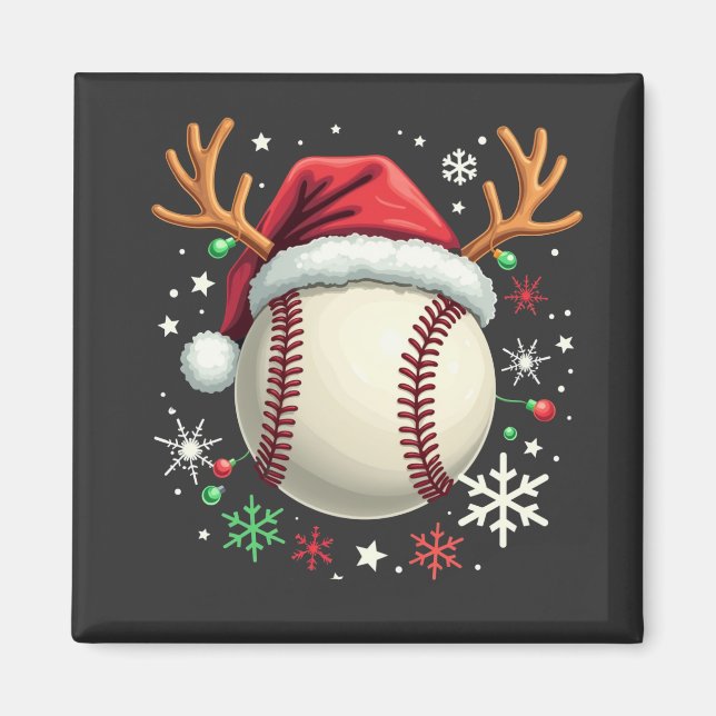 Aimant Balle de baseball avec cornes de renne et Noël  (Devant)