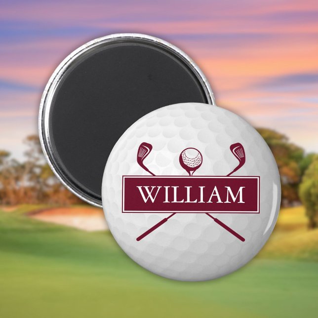 Aimant Balle de golf bordeaux au nom personnalisé (Personalized Name Burgundy Golf Ball Magnet)