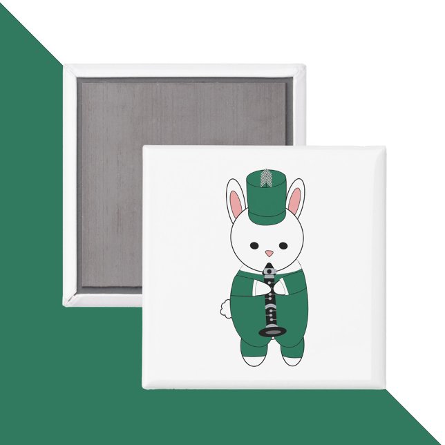 Aimant Bande de Marche Clarinet lapin Vert Blanc (A magnet with a bunny rabbit playing the clarinet and wearing a green & white marching band uniform.)