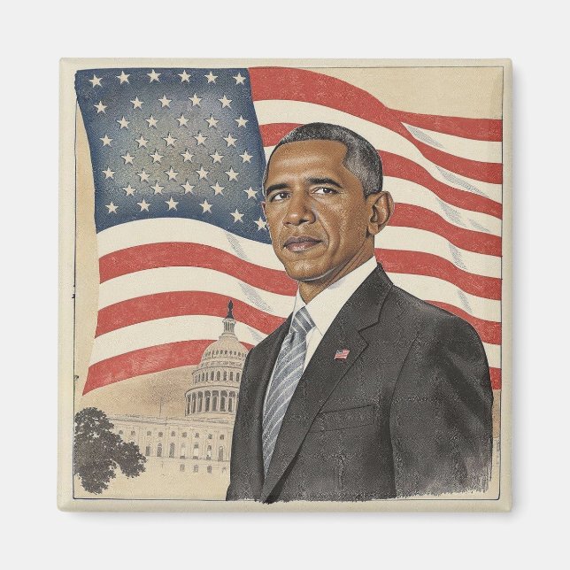 Aimant Barack Obama devant le drapeau américain et le Cap (Devant)
