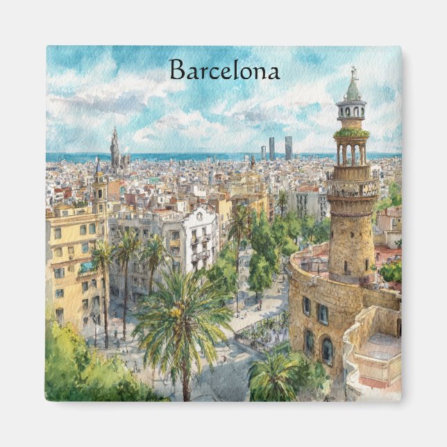 Aimant Barcelone Espagne Catalogne Vue de la ville peintu (Devant)