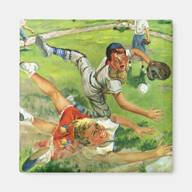 Aimant Baseball Sportif Vintage, Équipes d'Enfants Jouant (Devant)