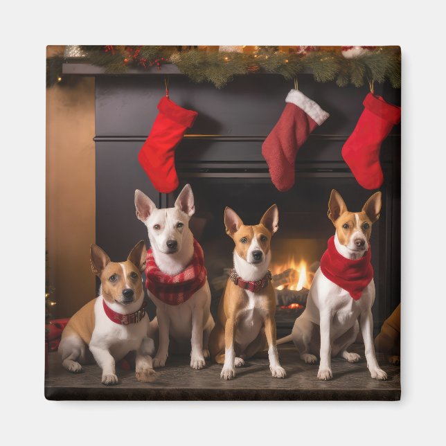 Aimant Basenji au coin du feu de Noël (Devant)