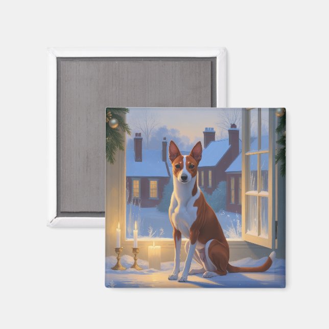 Aimant Basenji avec lumières de Noël vacances (Recto/Verso)