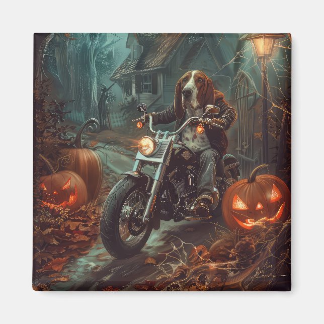 Aimant Basset Hound à moto Halloween Épouvantable (Devant)