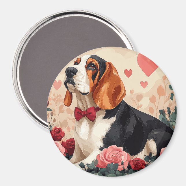 Aimant Basset Hound avec des Roses - Saint-Valentin  (Recto/Verso)