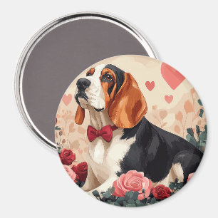 Aimant Basset Hound avec Roses - Saint Valentin
