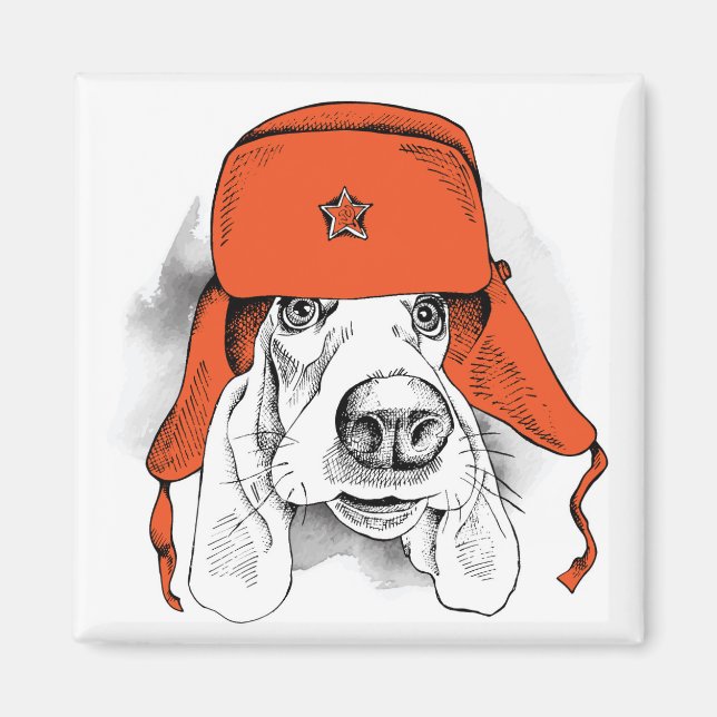 Aimant Basset Hound | Casquette rouge Ushanka (Devant)