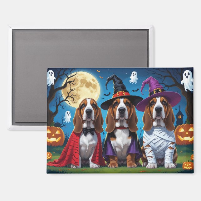 Aimant Basset Hound Chiens Citrouille Halloween Funny (Recto/Verso)