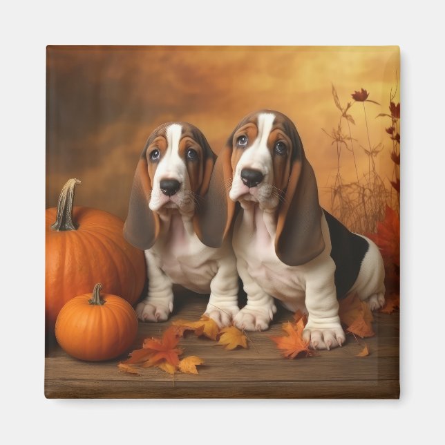 Aimant Basset Hound chiot Automne Délice Citrouille  (Devant)