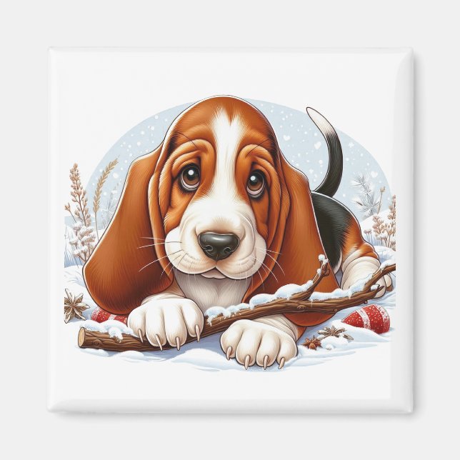 Aimant Basset Hound Chiot sur la scène hivernale enneigée (Devant)
