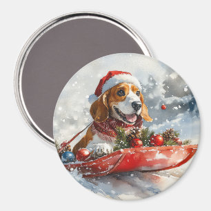 Aimant Basset Hound Dog in Sledge Let it Neige Noël