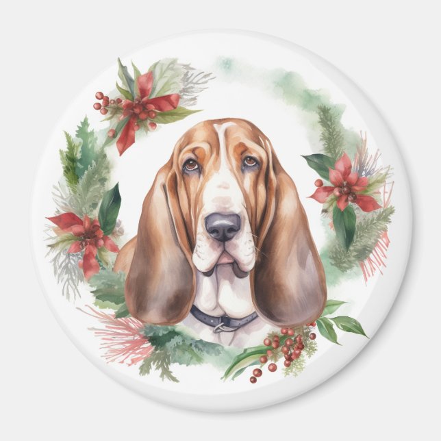Aimant Basset Hound Festive Wreath de Noël Pup (Devant)