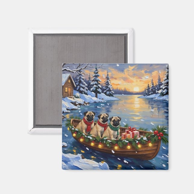 Aimant Bateau de Noël Pug Fêtes de fin d'année (Recto/Verso)