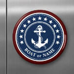 Aimant Bateau ou nom de famille Ancre Étoiles Rouge Blanc<br><div class="desc">Aimant rond élégant rouge,  blanc et bleu avec ancre de bateau nautique personnalisée avec 13 étoiles et votre nom de bateau personnalisé,  nom de famille ou autre texte souhaité. Fait un grand cadeau pour toute occasion.</div>
