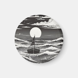 Aimant Bateau solitaire noir et blanc sur l'océan